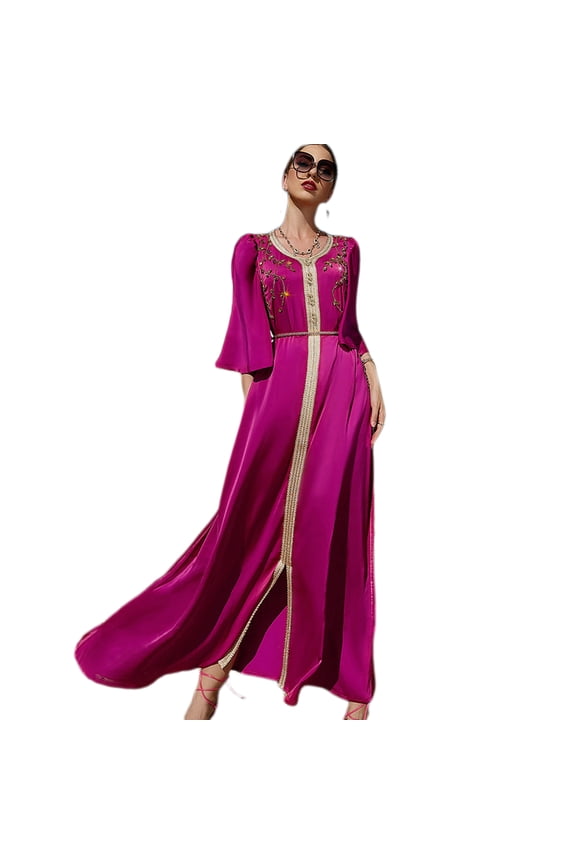 Womens Ethnic Bead Abaya Evening Dress Long Sleeve V-neck Eid Dress Moroccan Kaftan Muslim Maxi Dress XXL Rose