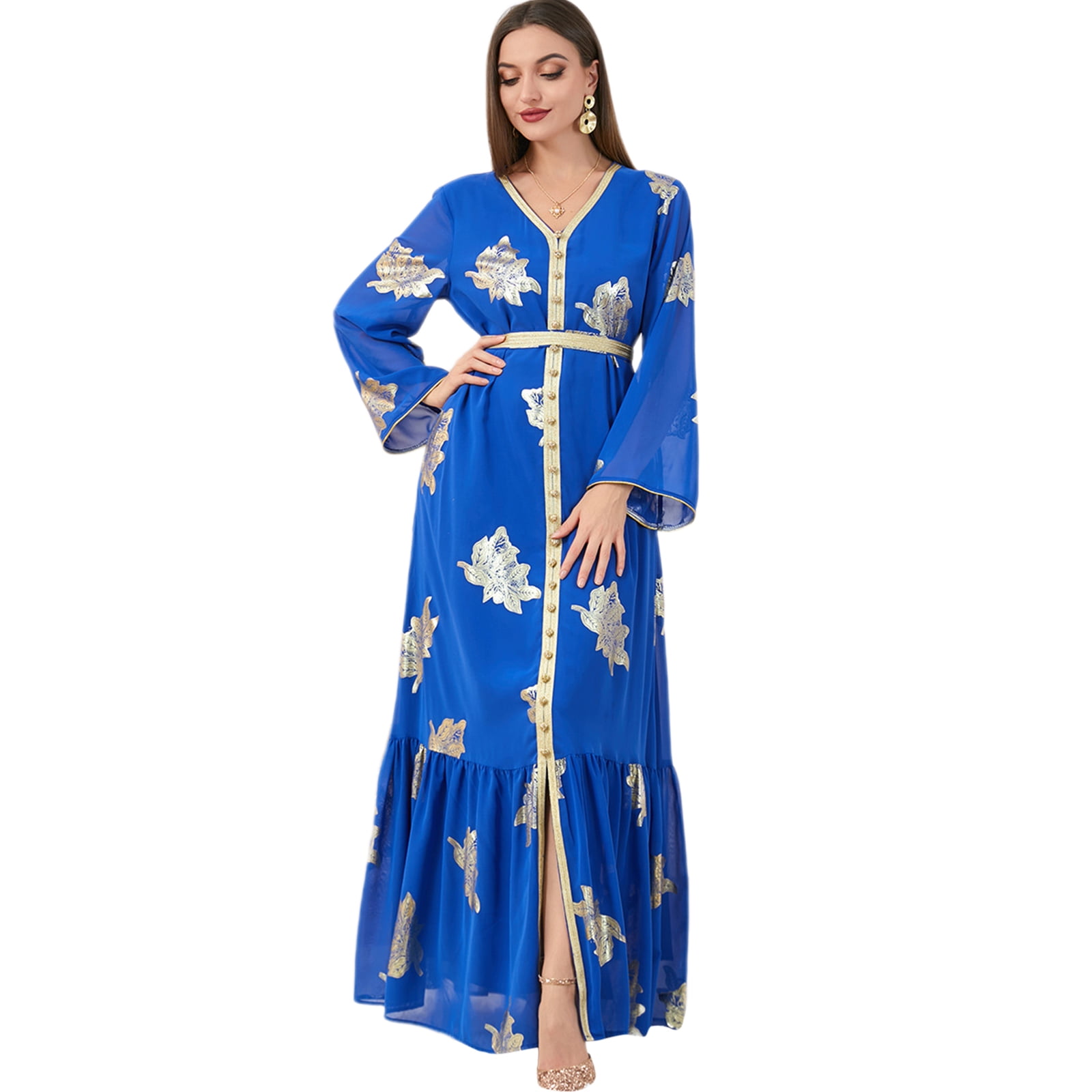 FYMNSI Womens Ethnic Printed Abaya Evening Dress Long Sleeve Vneck Eid