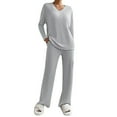 thumbnail image 1 of FYMNSI Womens Pajama Sets Long Sleeve Pjs Lounge 2 Piece Outfit Ribbed Knit V Neck Sleepwear with Pockets M Gray, 1 of 3