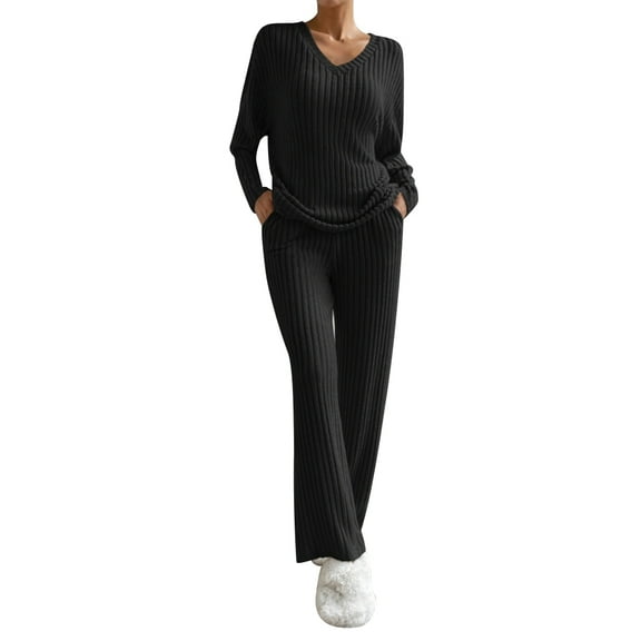 FYMNSI Womens Pajama Sets Long Sleeve Pjs Lounge 2 Piece Outfit Ribbed Knit V Neck Sleepwear with Pockets XL Black