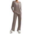 thumbnail image 1 of FYMNSI Womens Pajama Sets Long Sleeve Pjs Lounge 2 Piece Outfit Ribbed Knit V Neck Sleepwear with Pockets XS Khaki, 1 of 6