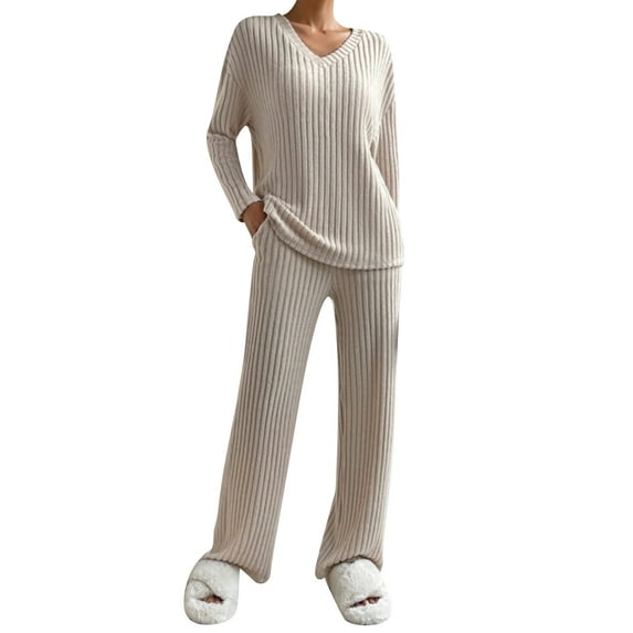 FYMNSI Womens Pajama Sets Long Sleeve Pjs Lounge 2 Piece Outfit Ribbed Knit V Neck Sleepwear with Pockets XXL Beige
