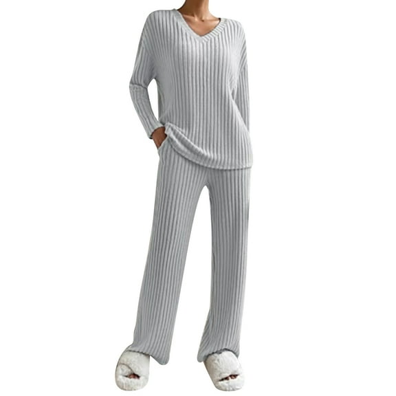 FYMNSI Womens Pajama Sets Long Sleeve Pjs Lounge 2 Piece Outfit Ribbed Knit V Neck Sleepwear with Pockets XXL Gray