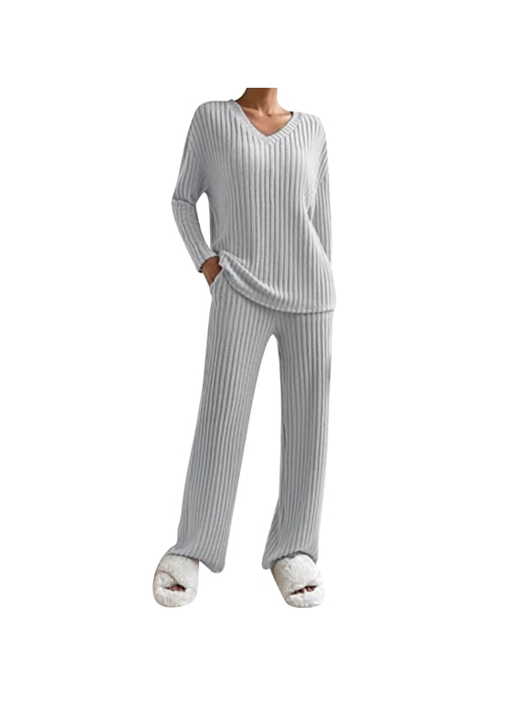 Womens Pajama Sets Long Sleeve Pjs Lounge 2 Piece Outfit Ribbed Knit V Neck Sleepwear with Pockets XXL Gray