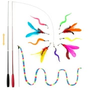 FYNIGO Interactive Cat Feather Toys for Indoor Cats Kittens,2 Retractable Cat Teaser Wand and 1 Rainbow Wand with 9 Refills and 2 Spare Hook14 Pack