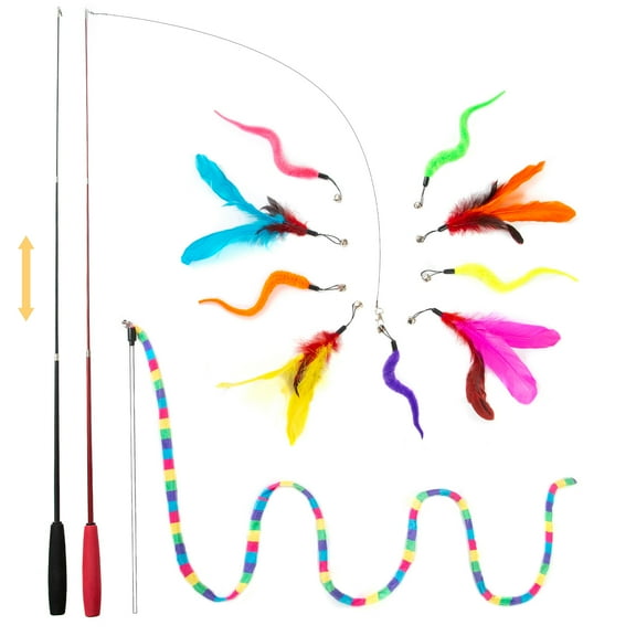 FYNIGO Interactive Cat Feather Toys for Indoor Cats Kittens,2 Retractable Cat Teaser Wand and 1 Rainbow Wand with 9 Refills and 2 Spare Hook(14 Pack)