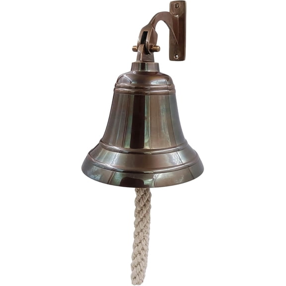 FYNJREX 6" Solid Brass Wall Mounted Ship Bell  Antique Brass Nautical Hanging Bell for Dinner, Reception, School, Church, Indoor & Outdoor Decor