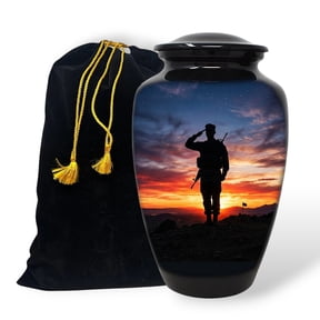 FYNREX Premium Aluminum Military Soldier Cremation Urn | Patriotic Veteran Urn with Sunset Flag | Large Adult Funeral Urn 10.5" with Velvet Bag