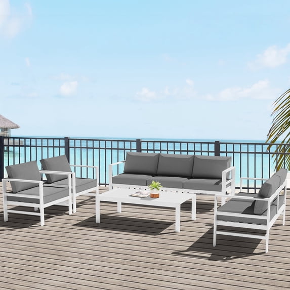 FYRICKLYLINOO 7 Seats Outdoor Patio Aluminum Furniture Set, 5 Piece Outdoor Modern Conversation Sectional Sofa Set with Side Table, White Frame and Grey Cushion