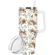 FYSUIMU 40oz Fall Pumpkin Tumbler with Handle Straw and Lid, White Pumpkin Retro Floral Travel Tumbler Watercolor Stainless Steel Cup Coffee Cup for Autumn Thanksgiving Party Home Office