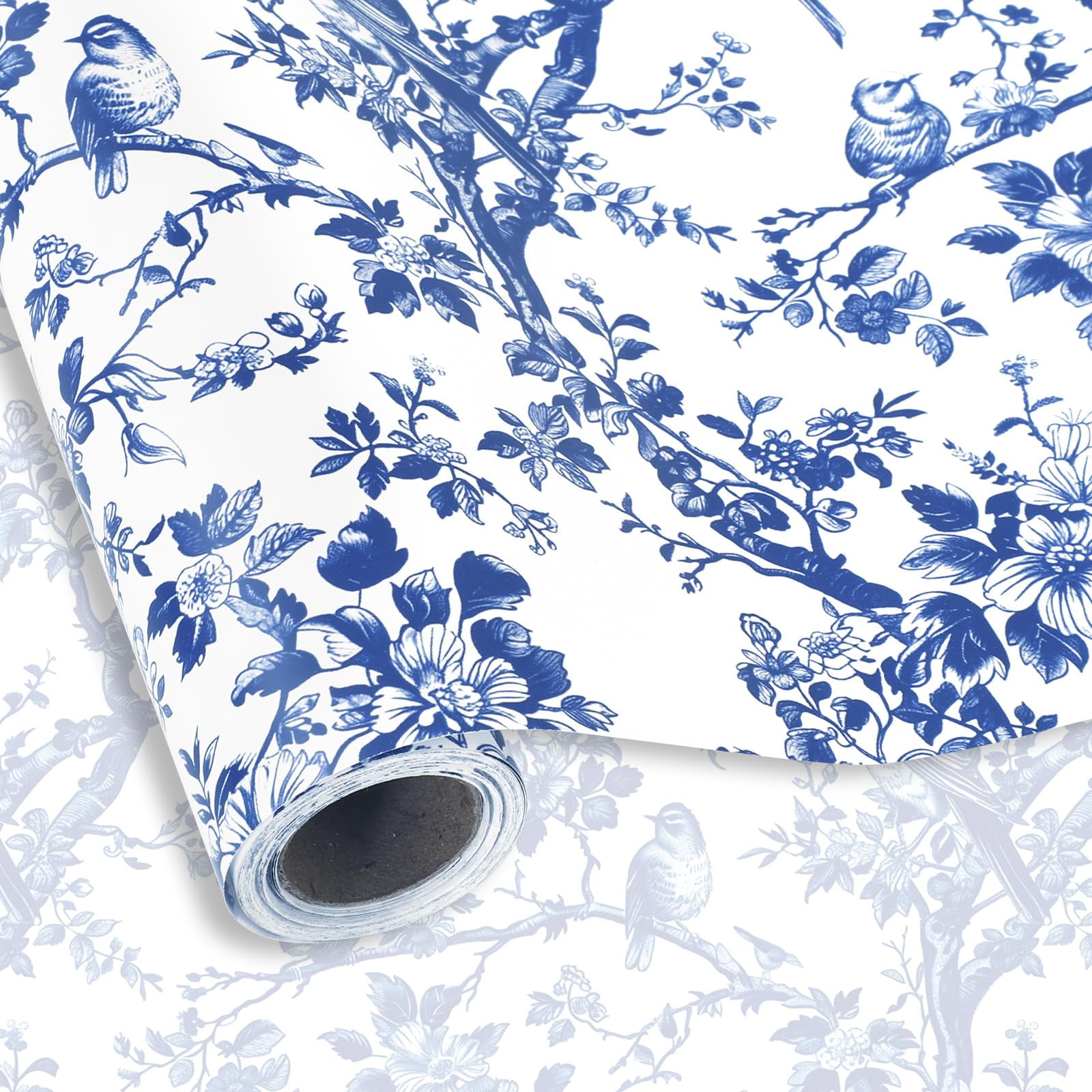 FYSUIMU Blue White Floral TSF6 Bird Wrapping Paper -Mini Roll- 17 In x ...