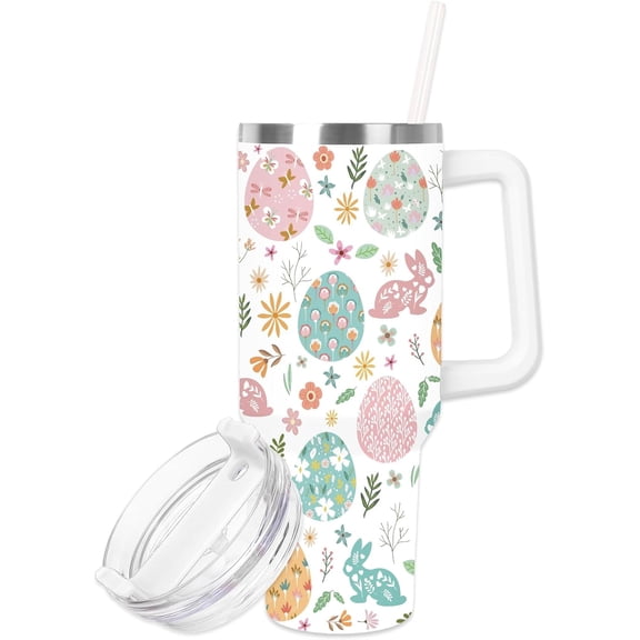 FYSUIMU Easter Tumbler with Handle 40oz Easter Egg Bunny Flower Tumbler with Lid and Straw Colorful Rabbit Floral Egg Stainless Steel Cup for Spring Holiday Home Office Travel