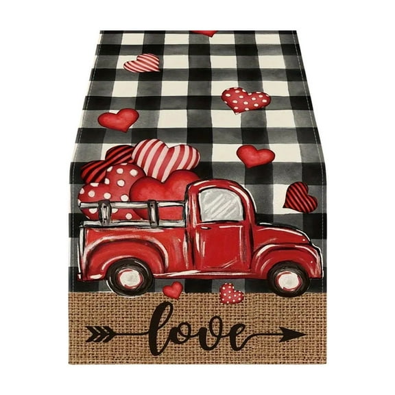 FYTPOV Buffalo Plaid Table Runner, Valentines Day Decorations, Red Hearts Truck Printed Table Runner for Wedding Party, Christmas Runner for Table Home Decor, 13x72 inch