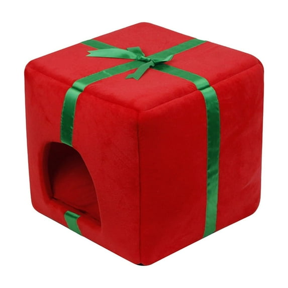 FYTPOV Cute Gift Box Shaped Cat Bed, Soft Cat Bed for Indoor Cats, Christmas Pet Tent Cave Bed for Cats Small Dogs, Removable Washable Cat Bed House, Christmas Gifts