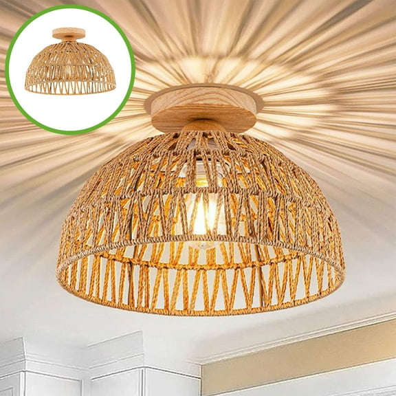 FYTPOV Farmhouse Boho Ceiling Light, Hand-Woven Flush Mount Ceiling Light Fixture for Farmhouse Hallway, Bedroom, Kitchen, Living Room, Entryway, Home Decor, 11.8inch