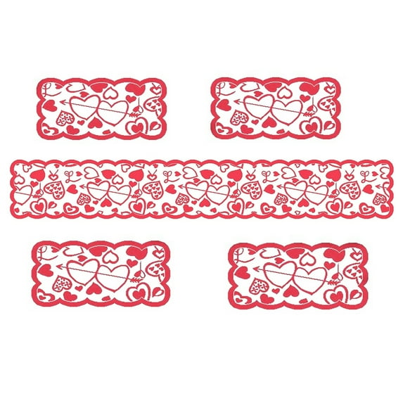 FYTPOV Red Table Runner and Placemats Set of 5, Valentines Day Decorations, Hearts Pattern Table Runner for Wedding Party Home Decor, Christmas Table Decorations
