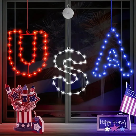 FYTPOV USA Letter Light Iron Molding Suction Window Light Independence Day Room Decorative Light Independence Day Decor