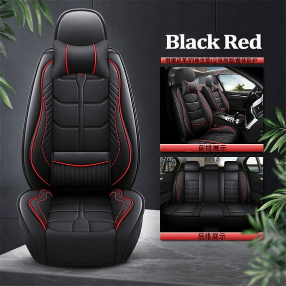 FYUU Black Red, PU Leather, Wear-resistant, Universal Front Car Auto Seat Covers, 5 Pieces