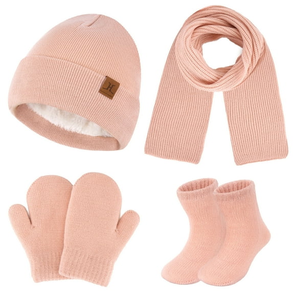FZ FANTASTIC ZONE 4 Pieces Winter Toddler Kids Hat Gloves Scarf Socks Beanie Set for 0 6 12 Months 1 2 3 4 Year Old Baby Girls Boys Gifts