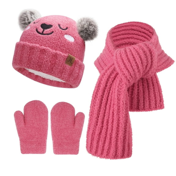 FZ FANTASTIC ZONE Kids Toddler Infants Winter Beanie Hats Scarfs Gloves Set Pompom Caps Mittens Neck Warmer with Fleece Gifts for 0 6 12 18 Months 1 2 3 4 Years Old Baby Girls Boys, Rosered