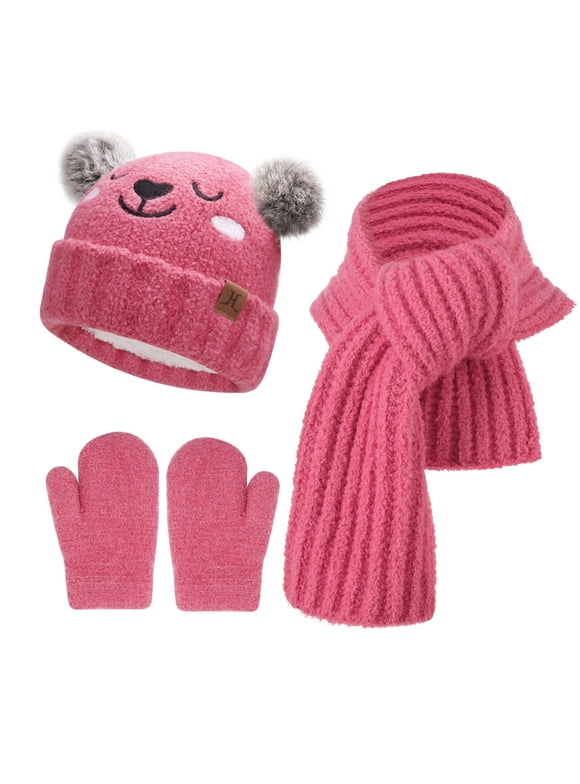 FZ FANTASTIC ZONE Kids Toddler Infants Winter Beanie Hats Scarfs Gloves Set Pompom Caps Mittens Neck Warmer with Fleece Gifts for 0 6 12 18 Months 1 2 3 4 Years Old Baby Girls Boys, Rosered