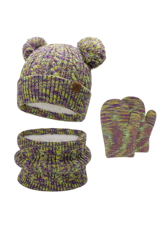 FZ FANTASTIC ZONE Kids Toddler Infants Winter Hats Scarfs Gloves Set Pompom Beanie Caps Mittens Neck Warmer with Fleece for 0 6 12 18 Months 1 2 3 4 Years Old Baby Girls Boys Gifts, Purple