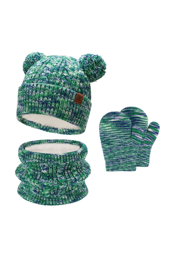 FZ FANTASTIC ZONE Kids Toddler Infants Winter Hats Scarfs Gloves Set Pompom Beanie Caps Mittens Neck Warmer with Fleece for 0 6 12 18 Months 1 2 3 4 Years Old Baby Girls Boys Gifts, Green