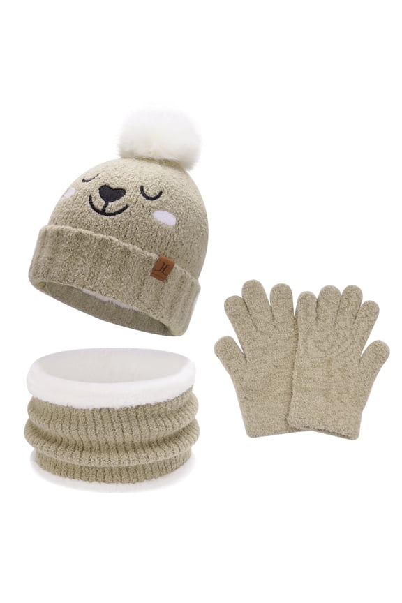 FZ FANTASTIC ZONE Kids Toddler Winter Beanie Hats Scarfs Touchscreen Gloves Set Pompom Caps Neck Warmer with Fleece Gifts for 5-8 Years Old Baby Girls Boys, Khaki