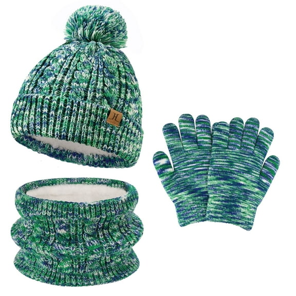 FZ FANTASTIC ZONE Kids Toddler Winter Hats Scarfs Touchscreen Gloves Set Pompom Beanie Caps Neck Warmer with Fleece for 5-8 Years Old Baby Girls Boys Gifts, Green
