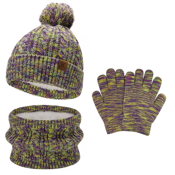 FZ FANTASTIC ZONE Kids Toddler Winter Hats Scarfs Touchscreen Gloves Set Pompom Beanie Caps Neck Warmer with Fleece for 5-8 Years Old Baby Girls Boys Gifts, Purple