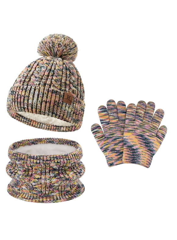 FZ FANTASTIC ZONE Kids Toddler Winter Hats Scarfs Touchscreen Gloves Set Pompom Beanie Caps Neck Warmer with Fleece for 5-8 Years Old Baby Girls Boys Gifts, Yellow