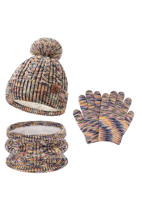 FZ FANTASTIC ZONE Kids Toddler Winter Hats Scarfs Touchscreen Gloves Set Pompom Beanie Caps Neck Warmer with Fleece for 5-8 Years Old Baby Girls Boys Gifts, Yellow