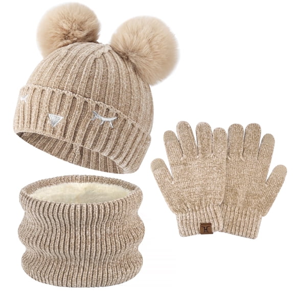 FZ FANTASTIC ZONE Kids Warm Knit Hat, Scarf & Glove Set, Khaki, 3-Piece