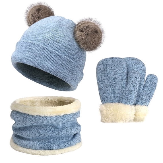 FZ FANTASTIC ZONE Kids Winter Knit Fleece Pompom Beanie Hats and Scarf Gloves Set for Boys Girls,Blue