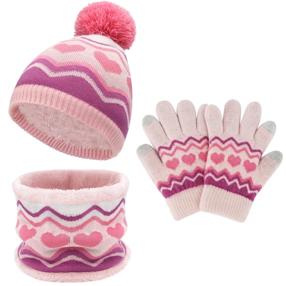 FZ FANTASTIC ZONE Kids Winter Knit Pompom Hat, Scarf & Glove Set, Pink, 3-Piece