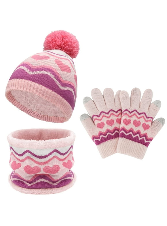 FZ FANTASTIC ZONE Kids Winter Knit Pompom Hat, Scarf & Glove Set, Pink, 3-Piece
