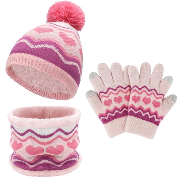 FZ FANTASTIC ZONE Kids Winter Knit Pompom Hat, Scarf & Glove Set, Pink, 3-Piece
