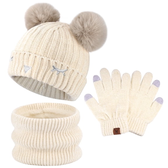 FZ FANTASTIC ZONE Kids Winter Knit Touchscreen Adjustable Beanie Hat Scarf Gloves Set, White