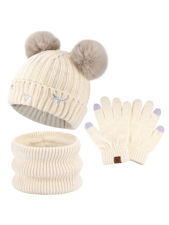 FZ FANTASTIC ZONE Kids Winter Knit Touchscreen Adjustable Beanie Hat Scarf Gloves Set, White