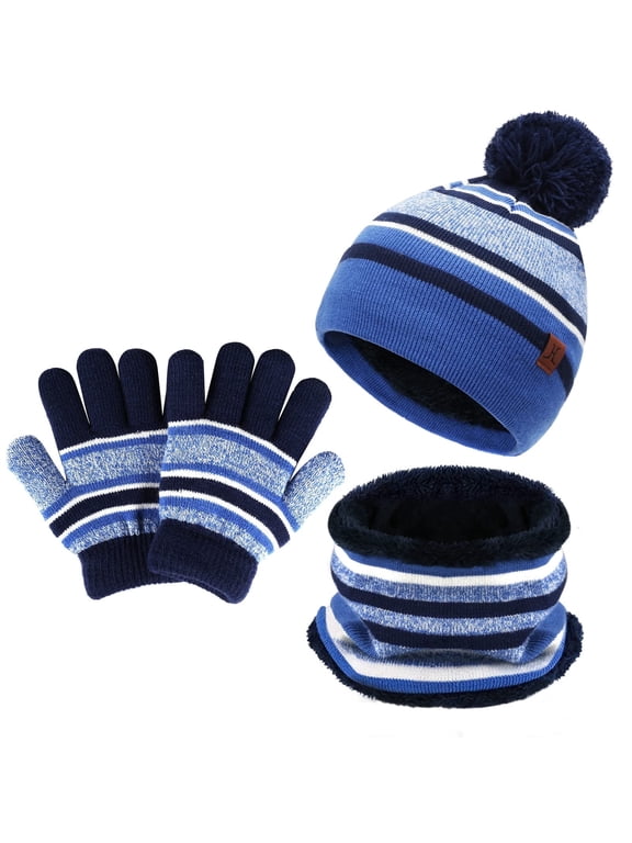 FZ FANTASTIC ZONE Kids Winter Knit Warm Pompom Beanie Hat Cap Neck Scarf Gloves Set for Boys Girls,Blue