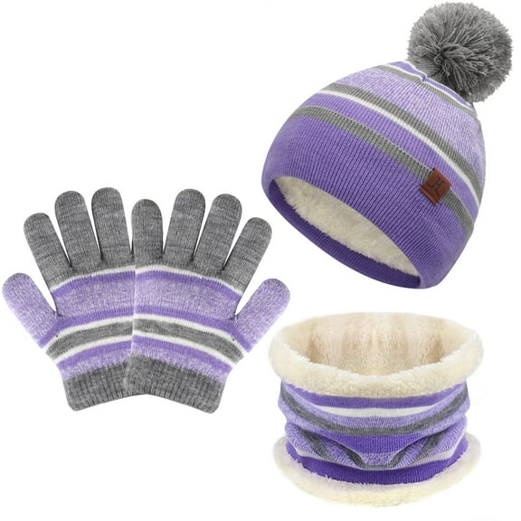 FZ FANTASTIC ZONE Kids Winter Knit Warm Pompom Beanie Hat Cap Neck Scarf Gloves Set for Boys Girls,Purple
