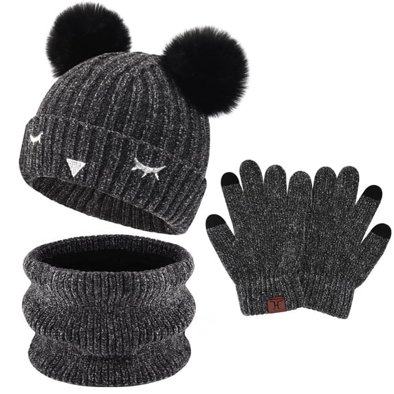 FZ FANTASTIC ZONE Kids Winter Warm Knit Beanie Hats Neck Warmer Scarf Touchscreen Gloves Set with Pompom Fleece Lined for Boys Girls,Black