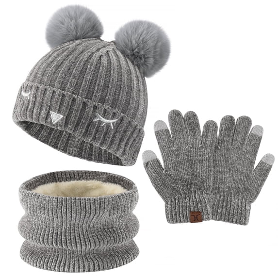 FZ FANTASTIC ZONE Kids Winter Warm Knit Beanie Hats Neck Warmer Scarf Touchscreen Gloves Set with Pompom Fleece Lined for Boys Girls,Grey