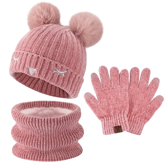 FZ FANTASTIC ZONE Kids Winter Warm Knit Beanie Hats Neck Warmer Scarf Touchscreen Gloves Set with Pompom Fleece Lined for Boys Girls,Pink