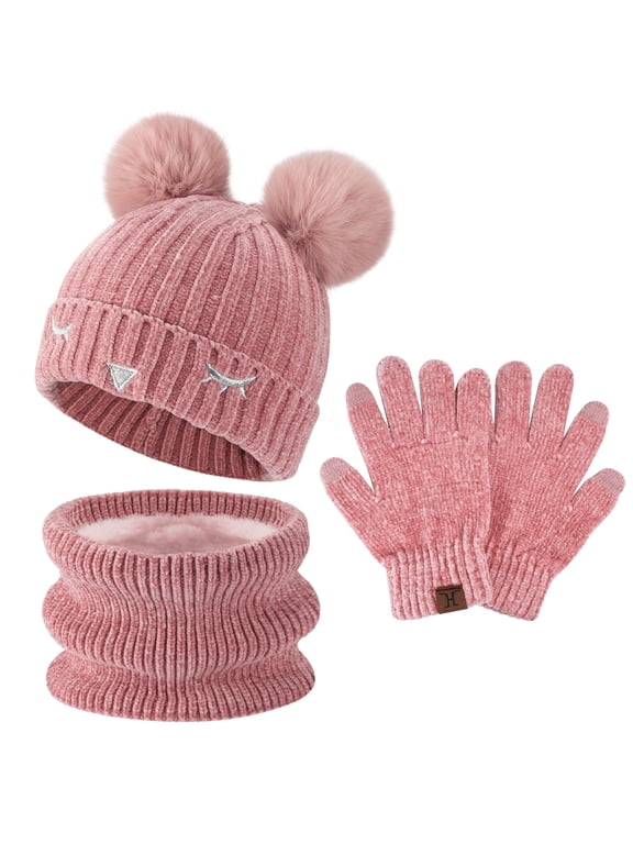 FZ FANTASTIC ZONE Kids Winter Warm Knit Beanie Hats Neck Warmer Scarf Touchscreen Gloves Set with Pompom Fleece Lined for Boys Girls,Pinkpurple