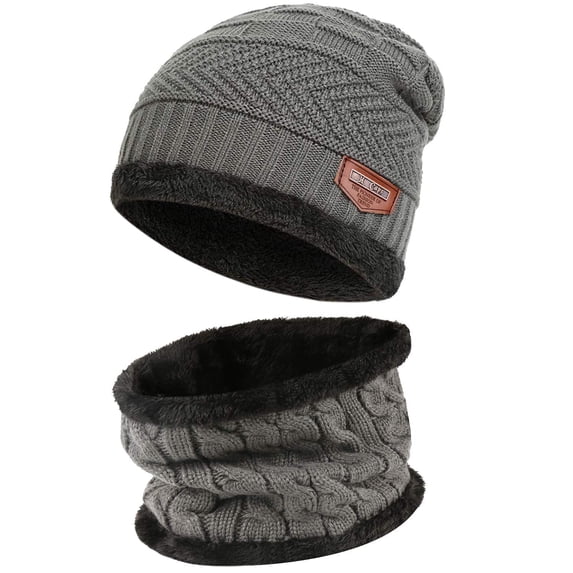 FZ FANTASTIC ZONE Men Women Winter Beanie Hat Scarf Set Warm Knit Hat Thick Fleece Lined Winter Cap Neck Warmer,Grey
