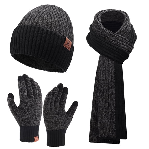 FZ FANTASTIC ZONE Men Women Winter Knit Hat Beanie Long Scarf Touchscreen Gloves Set Skull Cap Neck Warmer Gloves Set with Fleece Lined,Black Grey
