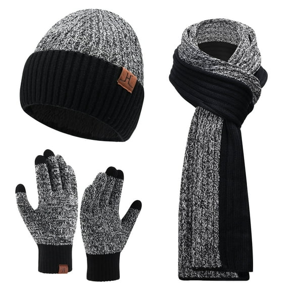 FZ FANTASTIC ZONE Men Women Winter Knit Hat Beanie Long Scarf Touchscreen Gloves Set Skull Cap Neck Warmer Gloves Set with Fleece Lined,Black White