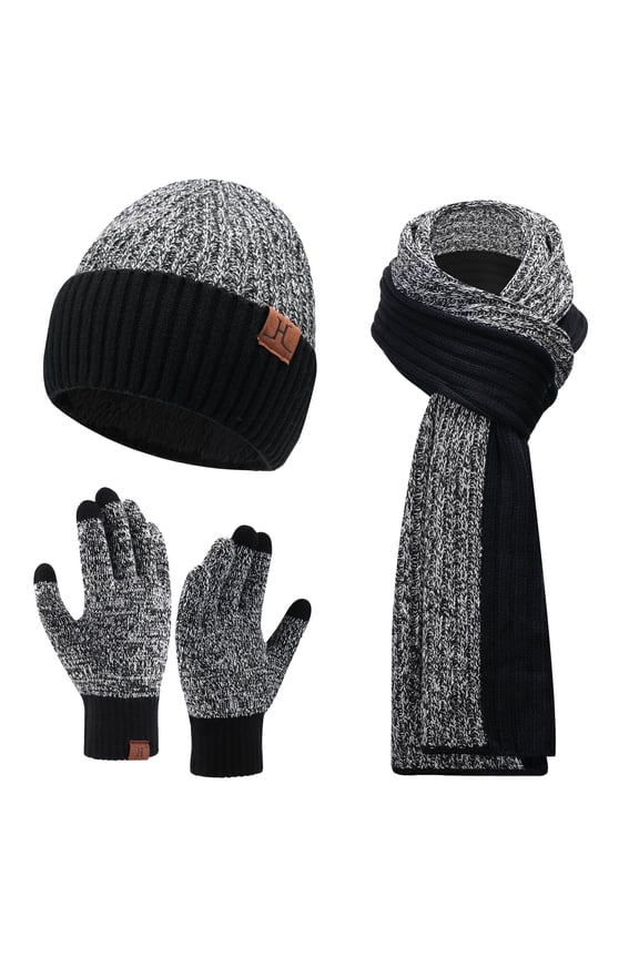 FZ FANTASTIC ZONE Men Women Winter Knit Hat Beanie Long Scarf Touchscreen Gloves Set Skull Cap Neck Warmer Gloves Set with Fleece Lined,Black White