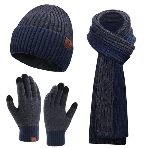 FZ FANTASTIC ZONE Men Women Winter Knit Hat Beanie Long Scarf Touchscreen Gloves Set Skull Cap Neck Warmer Gloves Set with Fleece Lined,Blue